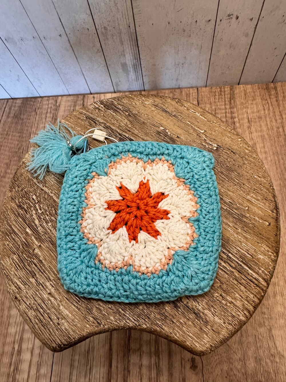 Cute Crochet Small Pouch Cosmetics Bag NEW Colorful Blue Bag 5 x 5 Square